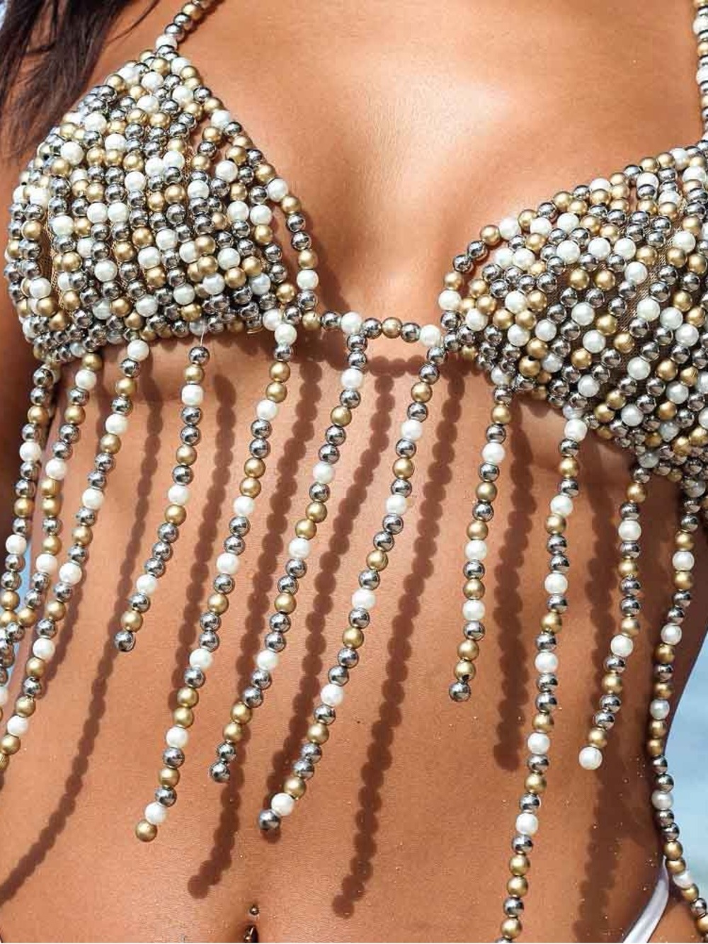 Andy Bagus Beaded Fringe Bikini Top - Gold, Silver & White